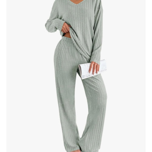 Ekouaer Lounge Sets for Women Long Sleeve Knit Ribbed Pajama Sets 2 Piece Casual Loungewear with Pockets