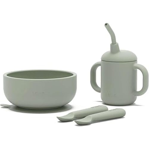 Lalo First Bites Silicone Baby Feeding Set - Baby Led Weaning Supplies - Non-Toxic Silicone - Includes 2 Spoons, Training Cup, & Suction Bowl - 4 Pieces - Sage