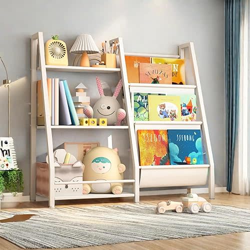 3 Tier Kids Bookshelf, Toddler Bookshelf and Toy Storage Organizer for Kids, Kids Bookcase Metal Non-Slip Storage Shelves for Kids Room, Bedroom, Playroom and Nursery, White