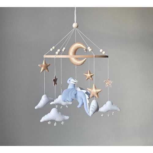 Fantasy dragon nursery baby mobile, Felt hanging toy for crib, Baby boy mobile, Golden moon and stars, Baby shower gift, newborn gifts.