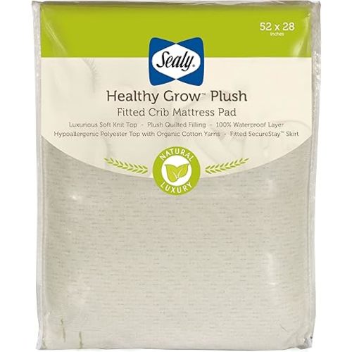 Sealy Baby Healthy Grow Plush Fitted Waterproof Infant Crib Mattress Protector Pad and Toddler Bed Cover, Organic Cotton and PolyBlend Top, Machine Washable and Dryer Friendly, 52” x 28”- White