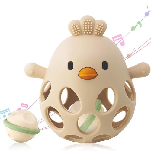 2-in-1 Baby Teething Rattle Toy, Sensory Grasping Teether for Infants 3-12 Months, 100% Food-Grade Silicone, Easy to Hold, Soothing & Developmental, BPA Free