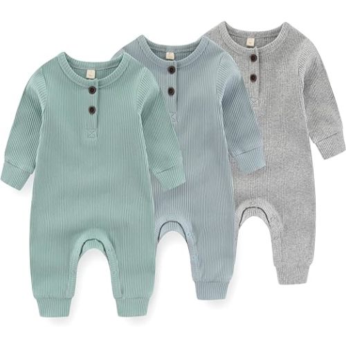 IADOER Newborn Baby Boys Girls One Piece Romper With Mitten Cuffs 3 Pack Long Sleeve Ribbed Button Jumpsuit Outfit Clothes - 3 months - 3pack Long Sleeve Green+blue+gray