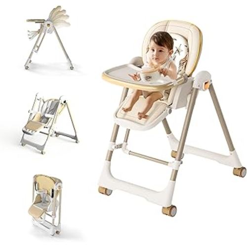 High Chairs for Babies and Toddlers, Foldable High Chair with Lockable Wheels, 4-in-1 Convertible, Adjustable Reclining Seat with Leg Rest & 5-Point Harness, Soft Cushion, Portable When Folded, Beige