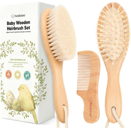 Baby Hair Brush and Comb Set for Newborn - Wooden Baby Hair Brush Set with Soft Goat Bristle, Baby Brush Set for Newborns Baby Brush and Comb Set Girl, Boy, Toddler Cradle Cap Brush (Oval, Walnut)