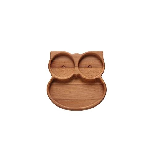WOODIE POPPINS Beech Wood Kids Plate, All Natural, Handcrafted, Organic, Durable, Reusable, 7.5x1.2x7.5 inches, Owl Themed