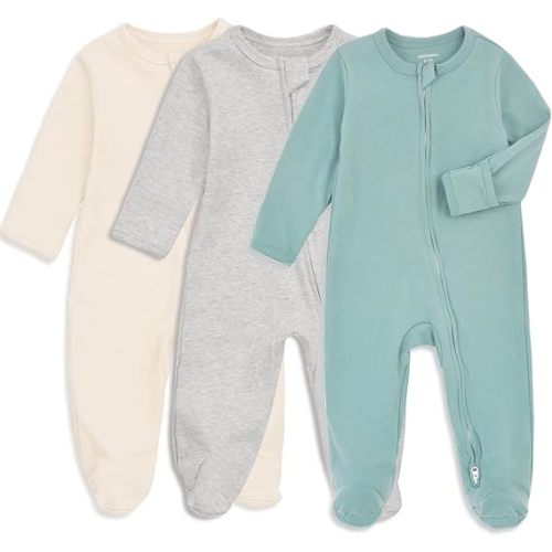 Aablexema Baby Footie Pajama with Mitten Cuffs, Double Zipper Infant Cotton clothes Sleeper Pjs, Footed Sleep Play - 3-6 Months - B02-ivory & Grey & Blue