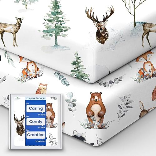 Crib Sheet Netural, Premium Soft Jersey Knit Fitted Crib Sheet, Crib Mattress Sheet, 28''x52''x9'' Extra Deep Pocket (Deer & Bear)