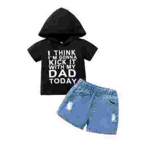 3 Months Infant Baby Boys Clothes 6 Months Infant Boys Summer 2PCS Outfits Letter Print Short Sleeve Hooded Shirt Top Denim Shorts Set Black
