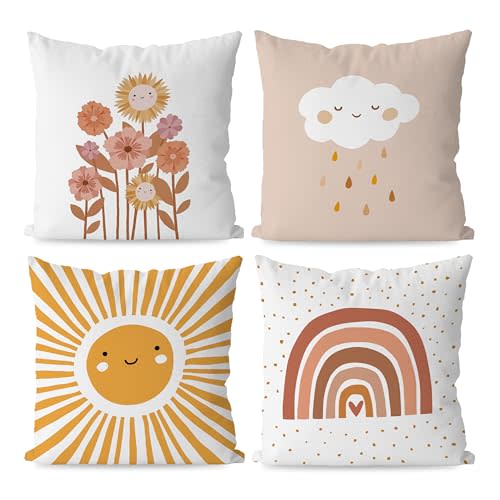 KEUSPI Boho Nursery Sun Cloud Rain Flower Rainbow Throw Pillow Covers,Bohemian Throw Pillow Covers 18×18 Inch Set of 4,Home Girls Kids Room Nursery Playroom Decor,Boho Gifts for Baby Girls