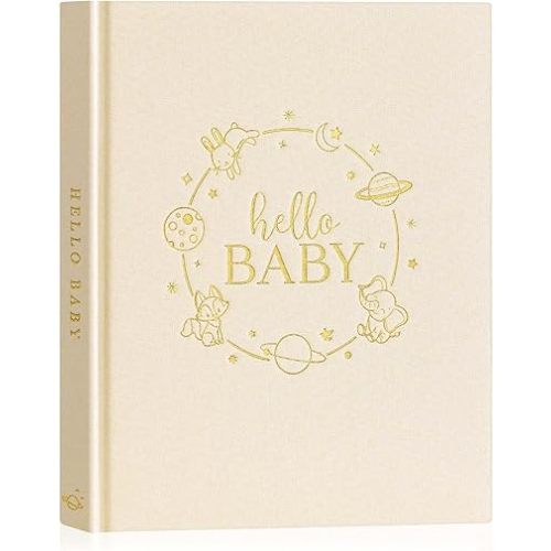 Lanpn Hello Baby Memory Book for Boy Girl - Linen Hardcover Baby Book Keepsake for New Parents - Newborn Baby First 5 Year Journal Scrapbook Photo Album Baby Milestone Book (Beige, 154 Pages)