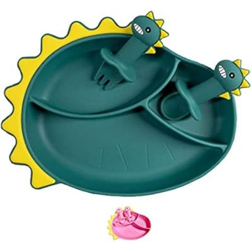 Silicone Suction Baby Plate With Spoon and Fork Dinosaur Baby Plate Set Baby Self Feed Utensils Baby Spoon Baby Fork Suction Plate