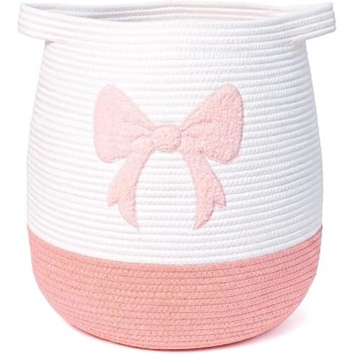 Large Cotton Rope Storage Basket with Pink Bow (17.7"x15.7", 55L), Collapsible Laundry Hamper for Baby Girl Nursery, Woven Toy Organizer with Handles, Blanket Basket for Bedroom, Bathroom, Playroom