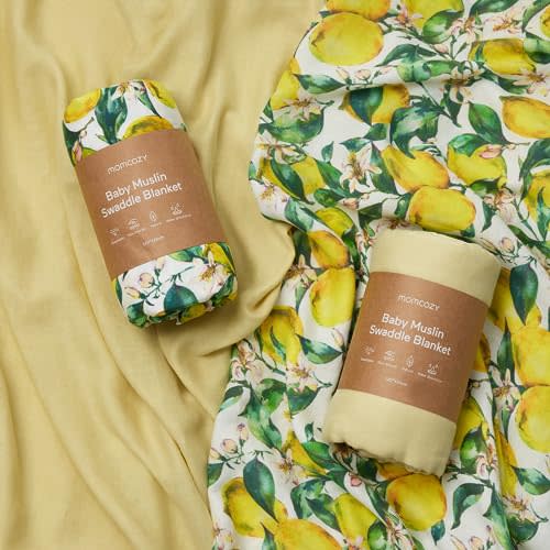 Momcozy Softness Upgrade Muslin Swaddle Blankets, Cute Lemon+Solid Yellow Neutral Matching, 2 Pack Breathable 2-Layer Gauze Large 47'' x 47'' Swaddling Blanket Wraps for Newborn Baby Boys Girls