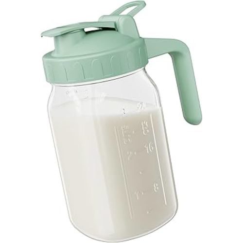 Breast Milk Pitcher Jug - 32 oz Glass Mason Jar Airtight Pitcher with Pour Spout Handle for Breastmilk, Iced Tea, Ice Drinks Storage Container(Green)