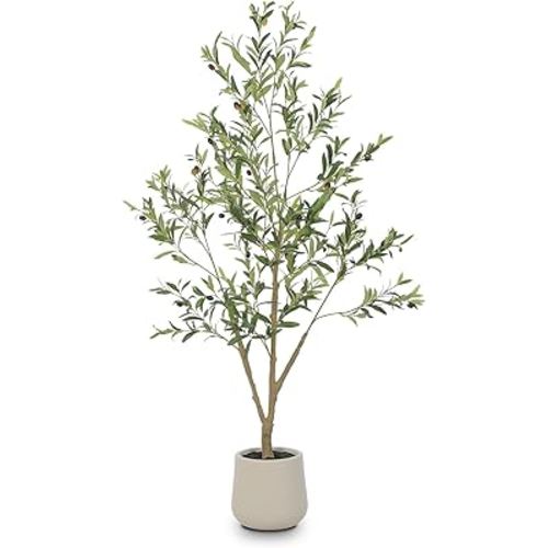 Olive Trees Artificial Indoor, 5FT Tall Faux Olive Tree with White Tall Planter, Artificial Plants with Natural Wood Trunk and Lifelike Fruits for Home Office Decor