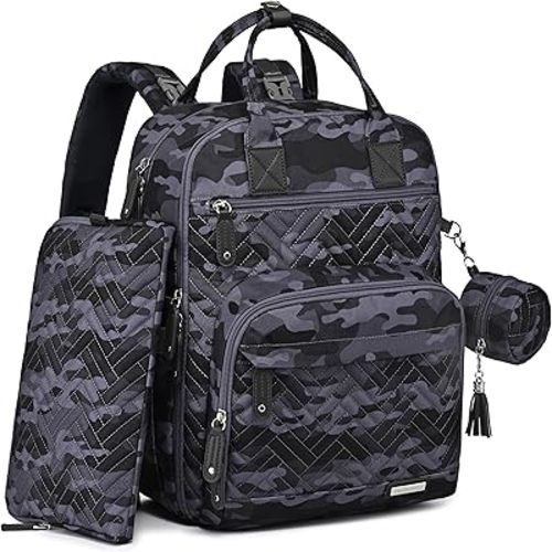 iniuniu Diaper Bag Backpack, 4 in 1 kit Large Unisex Baby Bags for Boys Girls, Waterproof Travel Back Pack with Diaper Pouch, Washable Changing Pad, Pacifier Case and Stroller Straps, Camo
