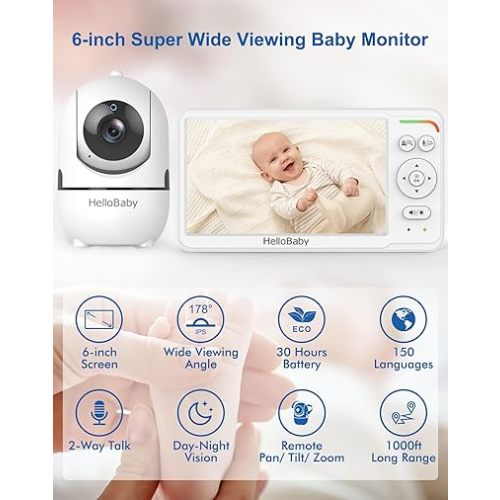 HelloBaby Baby Monitor 6" World First IPS Screen 30H Battery, Secure No WiFi, Pan Tilt Video Camera with Night Vision, VOX, 2-Way Talk, 1000ft, Portable Video Audio Monitor Ideal for Mom, Elderly, Pet