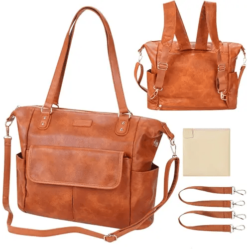 Diaper Bag Tote Fashion Leather Diaper Bag Backpack with 13 Pockets for Mom Dad, Large Travel Baby Bag Purse for Boys Girls with 3 Insulated Pockets, Changing Station - Brown