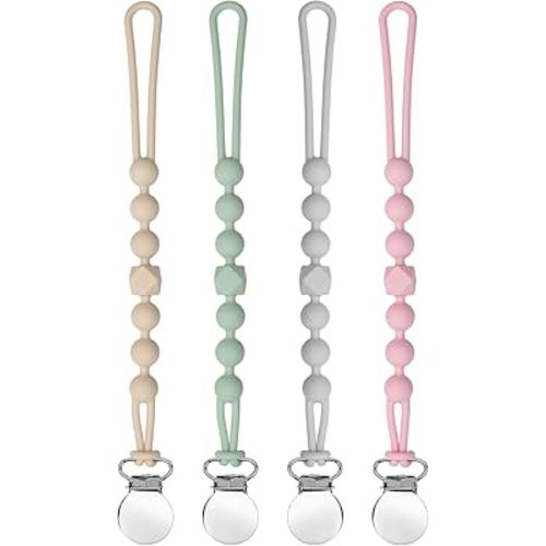 Pacifier Clips for Boys Girls - MORIBOX Silicone Paci Clip Teething Relief with One Piece Baby Binky Holder for Shower Birthday Gift 4 Pack