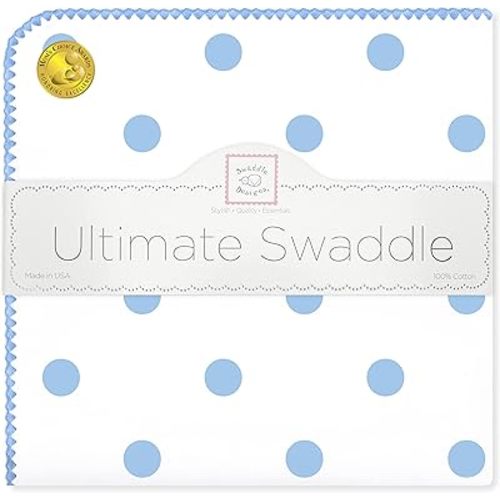 SwaddleDesigns Large Receiving Blanket, Ultimate Swaddle for Baby Boys, Girls, Softest US Cotton Flannel, Best Shower Gift, MADE in USA, Blue Big Dots, Mom’s Choice Winner,Blue, White,42 x 42 Inch,SD-356B