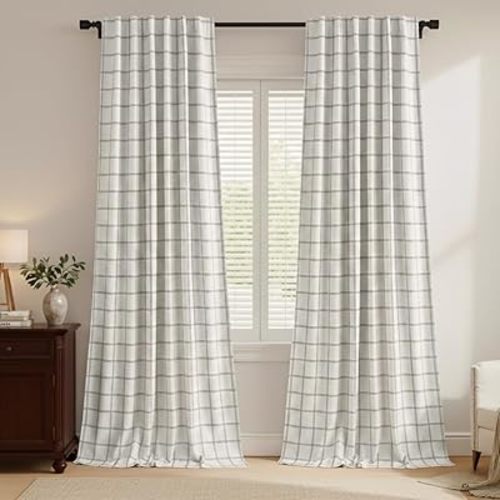 NICETOWN 2 Panels 100% Blackout Windowpane Plaid Linen Curtains for Bedroom, Rod Pocket Back Tab Double Layer Drapes for Living Room 84 Inches Long Farmhouse Thermal Insulated, White, 52W x 84L