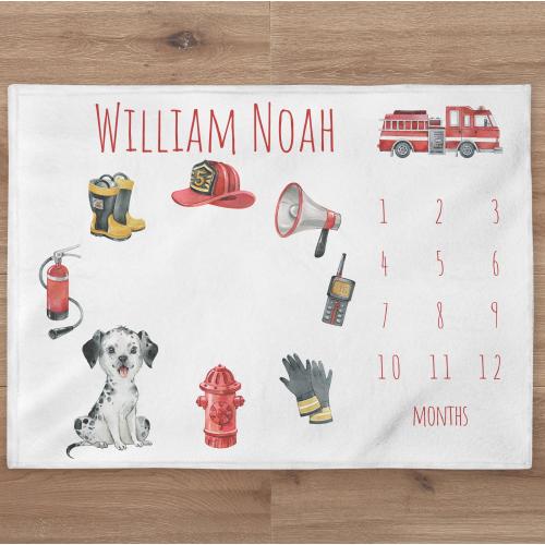 Firefighter Milestone Blanket Personalized Firetruck Baby Boy Month Blanket Nursery Custom Age Newborn Calendar Tracker New Mom Baby Gift - Velveteen 30x40