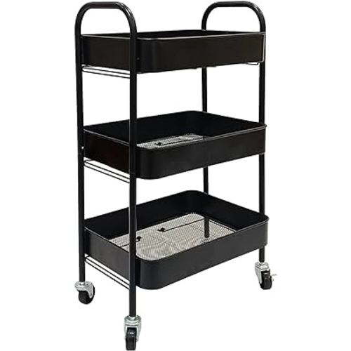 3-Tier Rolling Cart with Wheels,Metal Utility Trolley Cart with Wheels,Storage Cart for Offices, Kitchens, Bedrooms, and Bathrooms,Black, Yongsd-TC001
