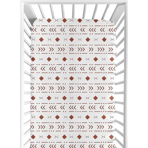 Sweet Jojo Designs White Rust Boho Tribal Mudcloth Boy Girl Fitted Crib Sheet Baby or Toddler Bed Nursery - Orange Woodland Bohemian Southwest Geometric Arrow Gender Neutral Aztec Mud Cloth