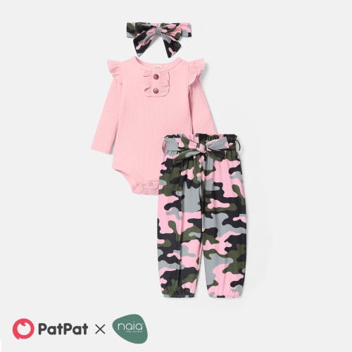 PatPat 3pcs Baby Girl Solid Cotton Ribbed Long-sleeve Romper and Camouflage Print Belted Pants & Headband Set