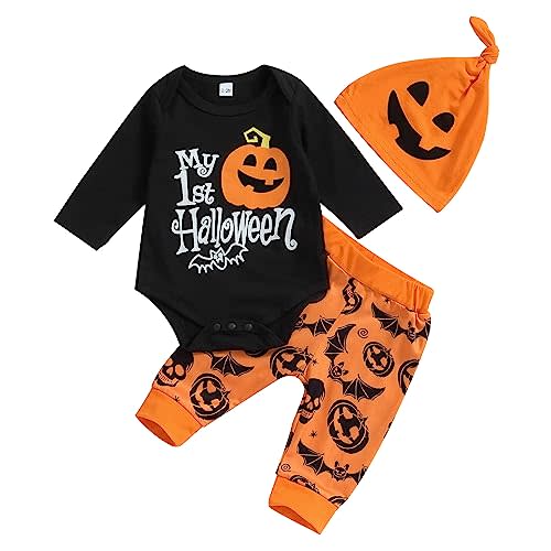 Doisbetthsay My First Halloween Baby Boy Outfit Newborn Long Sleeve Romper Pants Hat Baby Pumpkin Clothes Fall Winter Clothes