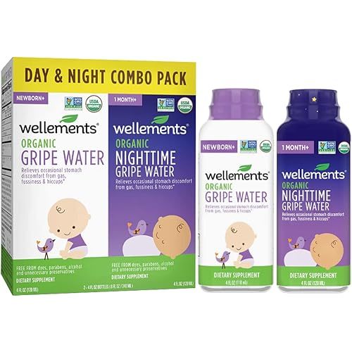 Wellements Organic Baby Gripe Water, Day & Night Combo Pack | Relieves Occasional Stomach Discomfort from Baby Gas, Colic, Hiccups and Fussiness | USDA Certified Organic (Pack of 2, 4 Fl Oz Bottles)