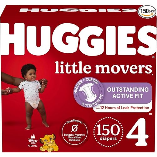 Huggies Size 4 Diapers, Little Movers Baby Diapers, Size 4 (22-37 lbs), 150 Count (6 Packs of 25), Packaging May Vary