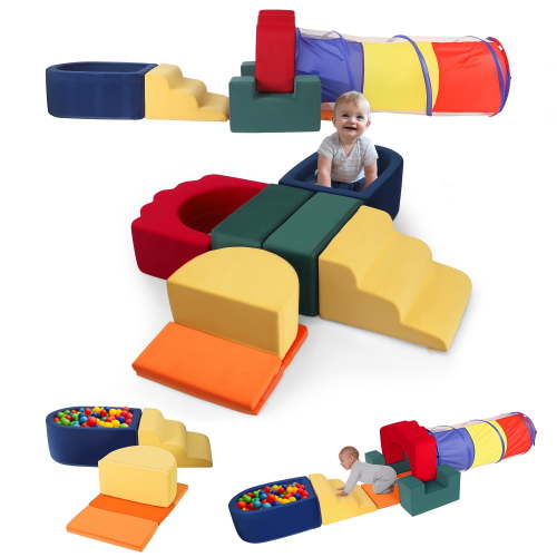 Coumy Foam Climbing Blocks for Toddlers with Ball Pit and Crawl Through Tunnel, 8Pcs Soft Baby Climb and Crawl Toy Set Indoor Foam Playset, Climbing Toy, Ages 1-3