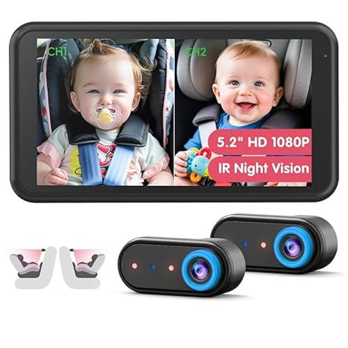 BM2 PRO Dual Baby Car Camera, 5.2" 1080P HD Display for Rear-Facing Car Seats, IR Night Vision, Anti-Shake Mount, Easy Install – Ideal for Parents with 2 Kids and Pets (Blue)