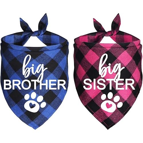 Big Brother Big Sister Dog Bandana, Plaid Pregnancy Announcement Dog Bandanas for Dogs (Blue and Pink, Big Brother and Big Sister)
