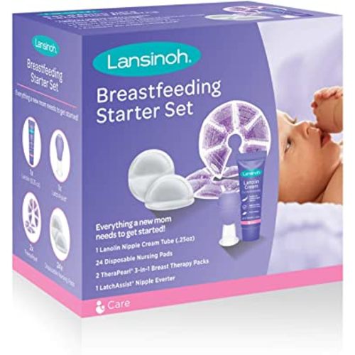 Lansinoh Breastfeeding Starter Set for Nursing Mothers, Breastfeeding Gift for Baby Showers and New Moms, Contains Nursing Essentials and Breast Therapy