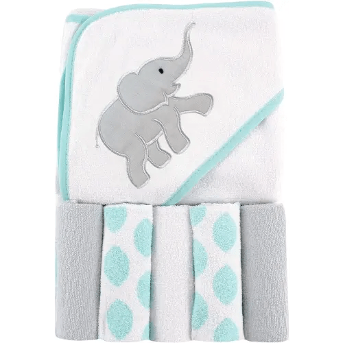 Luvable Friends Unisex Baby Hooded Towel with Five Washcloths, Cotton,Polyester,Ikat Elephant, One Size