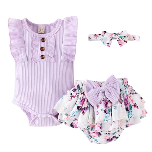 GDTOGRT Baby Girl Clothes Newborn Infant Summer Outfits Ruffle Romper and Shorts with Headband Sets for 0-3-6-9-12-18 Months