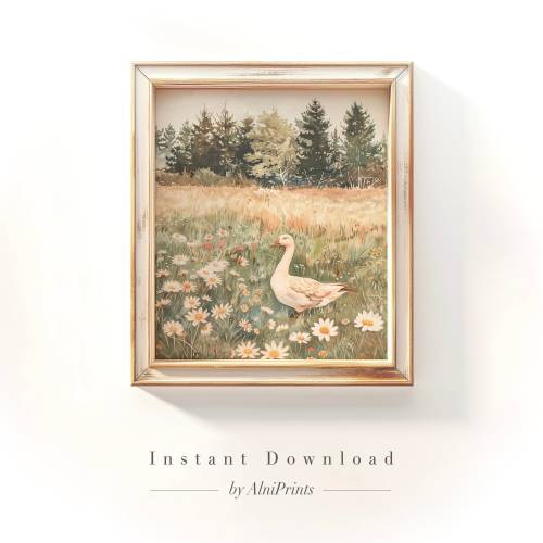 Goose Meadow Print, Wildflowers and Forest Painting, Countryside Print, Nursery Wall Art, Vintage Painting, Country House Decor, Printable