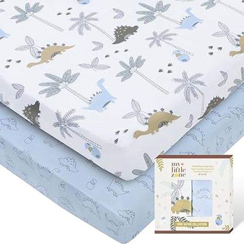 100% Cotton Crib Fitted Sheets for Baby Boys and Girls, Dinosaur - Breathable Toddler Bed Sheet Set - Dino Safari, 28x52 with 8" Deep Pocket, Blue-White, 2 Pack