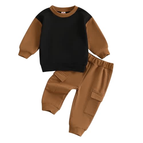 Madjtlqy Toddler Baby Boy Fall Outfit Color Block Long Sleeve Sweatshirt Pullover Tops + Pants 2Pcs Winter Clothes Set