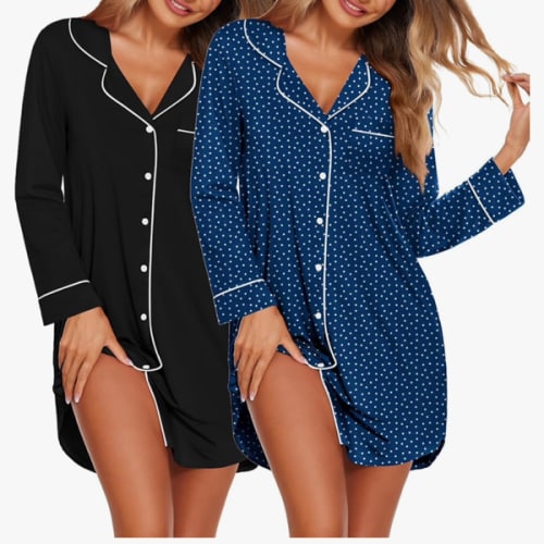 Ekouaer 2 Pack Nightgowns for Women Long Sleeve Night Shirt Button Down Sleep Shirt V-Neck Sleep Dress Pajama Sleepwear
