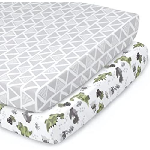 The Peanutshell Fitted Pack n Play, Playard, Mini Crib Sheets for Baby Boys | 2 Pack Set | Camo Dinosaur & Tribal Print