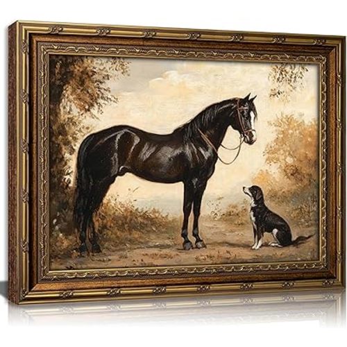 Vintage Gold Framed Horse Wall Art Black Horse and Dog Cottagecore Oil Painting Canvas Prints Retro Equestrian Rural Scenery Picture Poster Rustic Farmhouse Animal Artwork for Living Room Bedroom