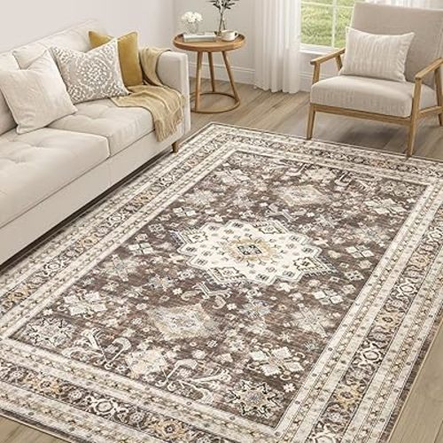 Vintage Living Room Area Rug 6x9 - Large Soft Washable Oriental Traditional Distressed Farmhouse Rugs for Bedroom - Indoor Floor Accent Carpet for Home Office House Decor - Dark Brown