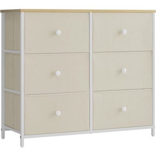 SONGMICS Bedroom, Chest, 6 Drawer, Closet Fabric Dresser with Metal Frame, by The Yard, Camel Yellow + Cream White