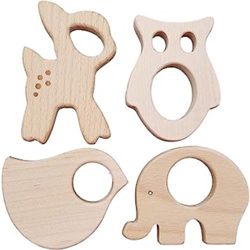 Natural wooden baby teether toys 4pk forest animal set and classic baby rattles, Fine motor Development and Sensory Skills Toy, Gender Neutral Handmade Wooden Toys