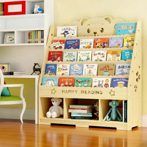 Bear Theme Front-Facing Montessori Toddler Bookshelf, Solid Pine