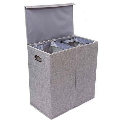 TEAFIRST Double Linen Laundry Hamper with Lid , Washing Clothes Storage Folding, for Home, Grey